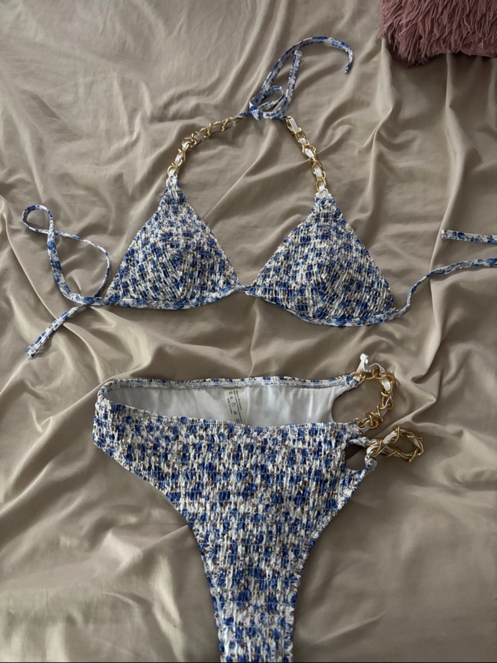 Blue & White Textured Smocked Triangle Bikini with Gold Chain Accents